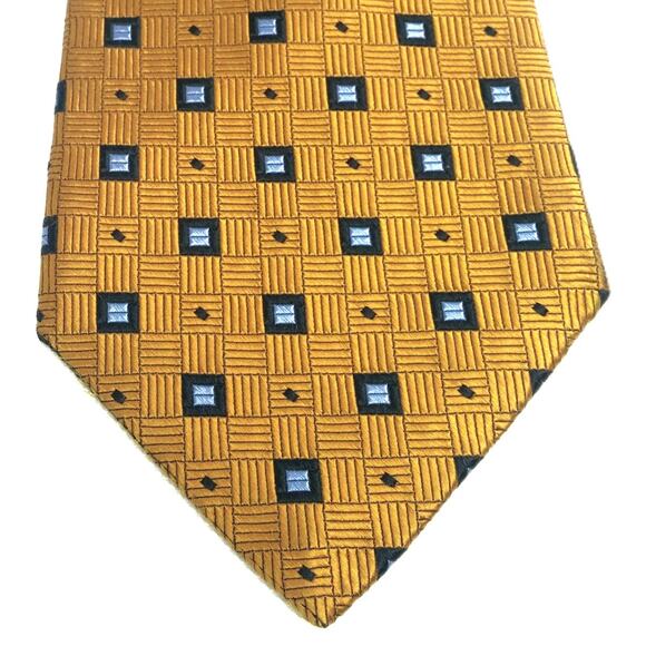 Robert Talbott Men's Silk Necktie Best of Class Gold Blue Squares Geometric USA - Picture 3 of 11